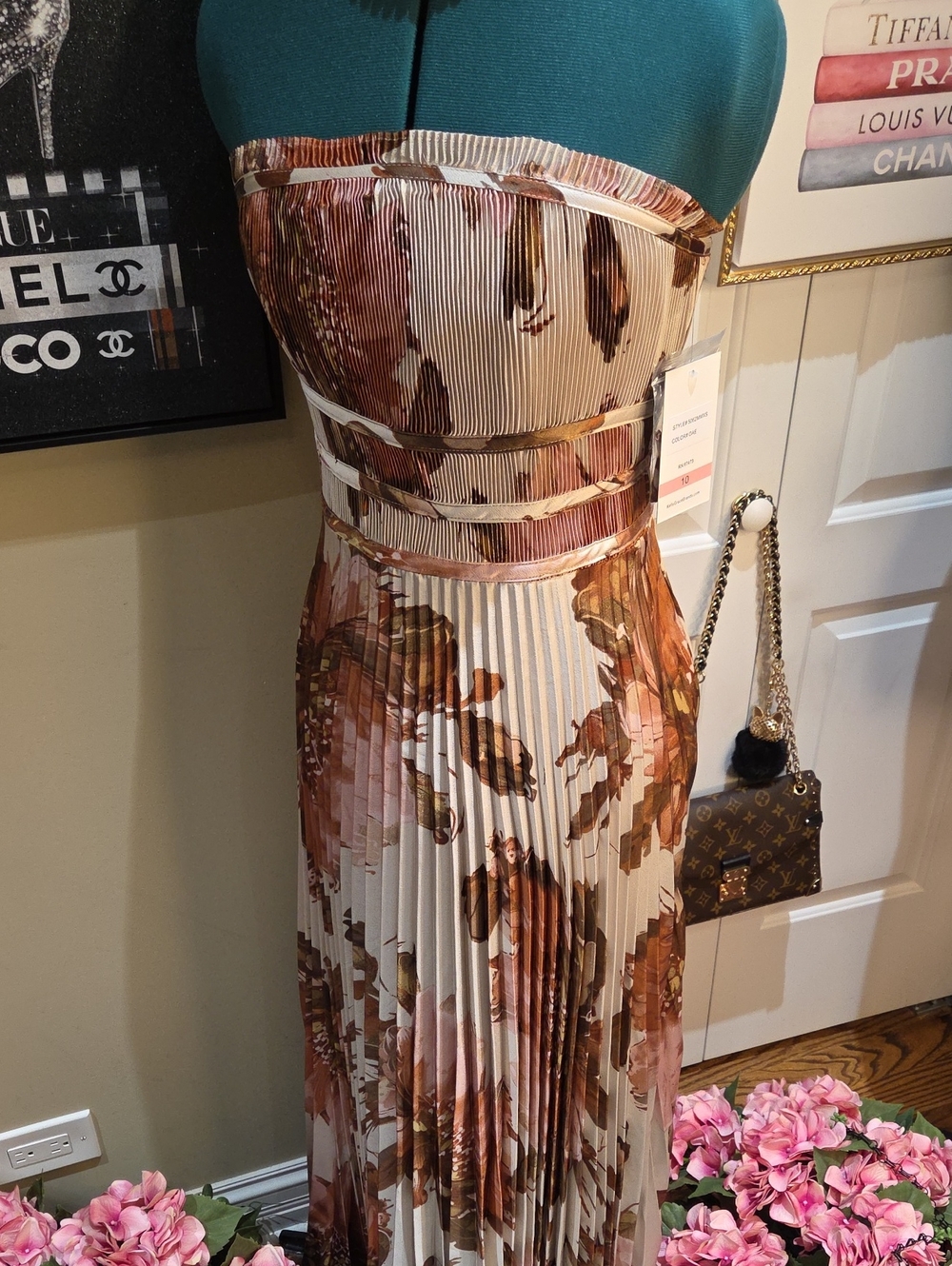 Nwt 14, 12, 10, 8 Taylor Strapless Pleated Floral Maxi Dress in Cream and Brown - Picture 15 of 16